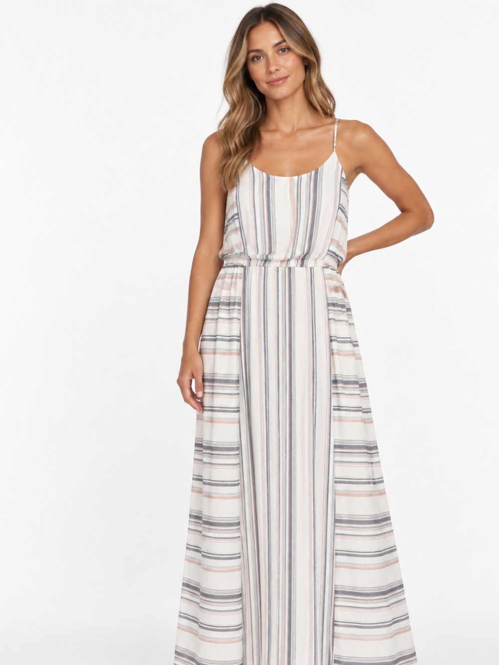 Bobeau Striped Smocked Waist Maxi Dress XL 100% Rayon